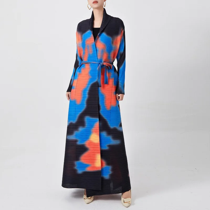 

New Muslim Women's Robe Spring and Autumn Fashion Long Sleeve Temperament Printed Cardigan Outer Robe Miyake Dress for Women