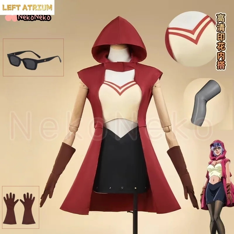 Costume de cosplay Mariah, perruque, lunettes, Anime Bizarre Adventure, uniforme de fête d'Halloween, de Noël, de carnaval, costume sur mesure pour femme