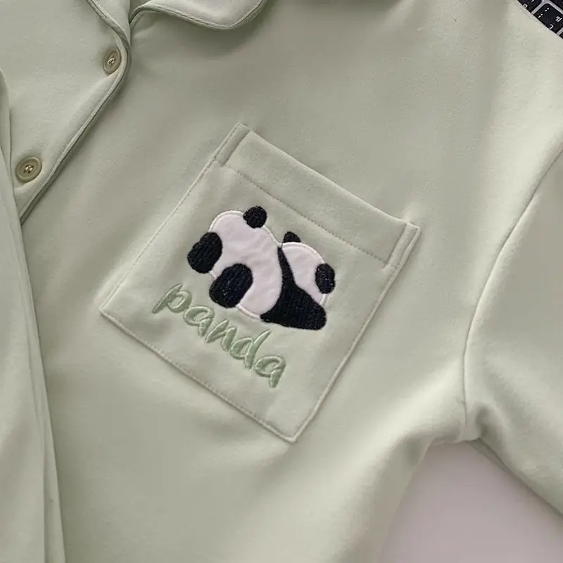 Embroidery Panda Sweet Cute Pajamas 2 Piece Set Autumn Winter New Lapel Neck Loungewear Suit Brushed‑knit Casual Soft Homewear