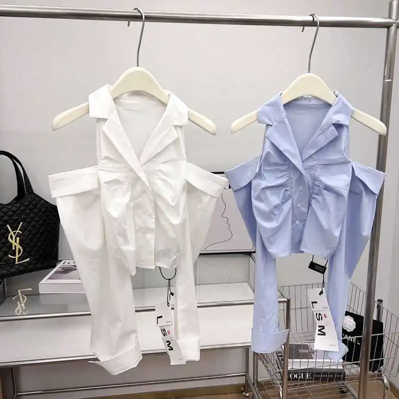 

Ne Hanging High Waist Irregular Women's irt Весна Осень Новый Sle Уникальный колледж Sle Faion Молодежный топ Корейский Vers...