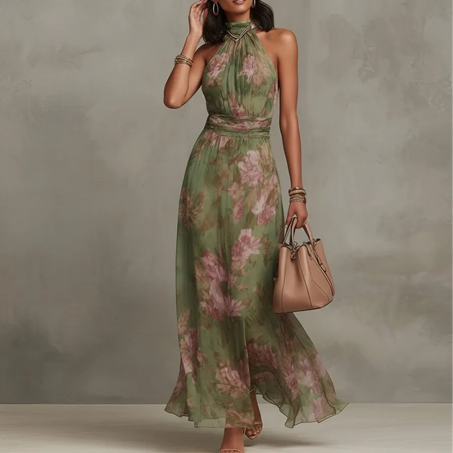 

【New style】2026 spring new women's dress European and American dress elegant neck collar sleeveless plant printed long dress