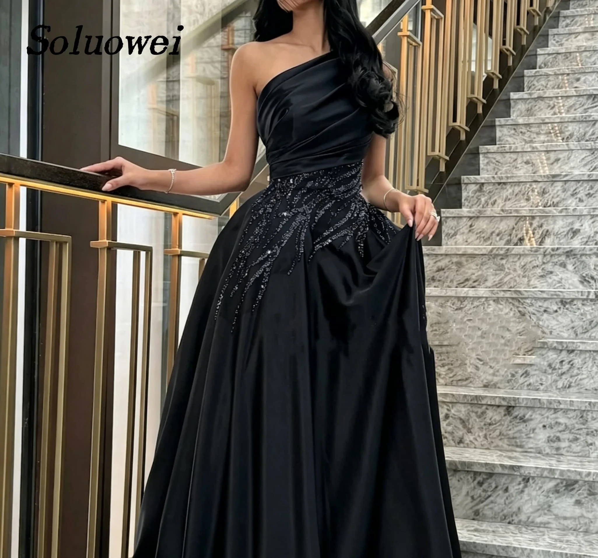 Customized Slanted Shoulders Prom Dress Sequins robes de soirée Floor-Length Taffeta Elegant Party Dresses Vestidos De Fiesta