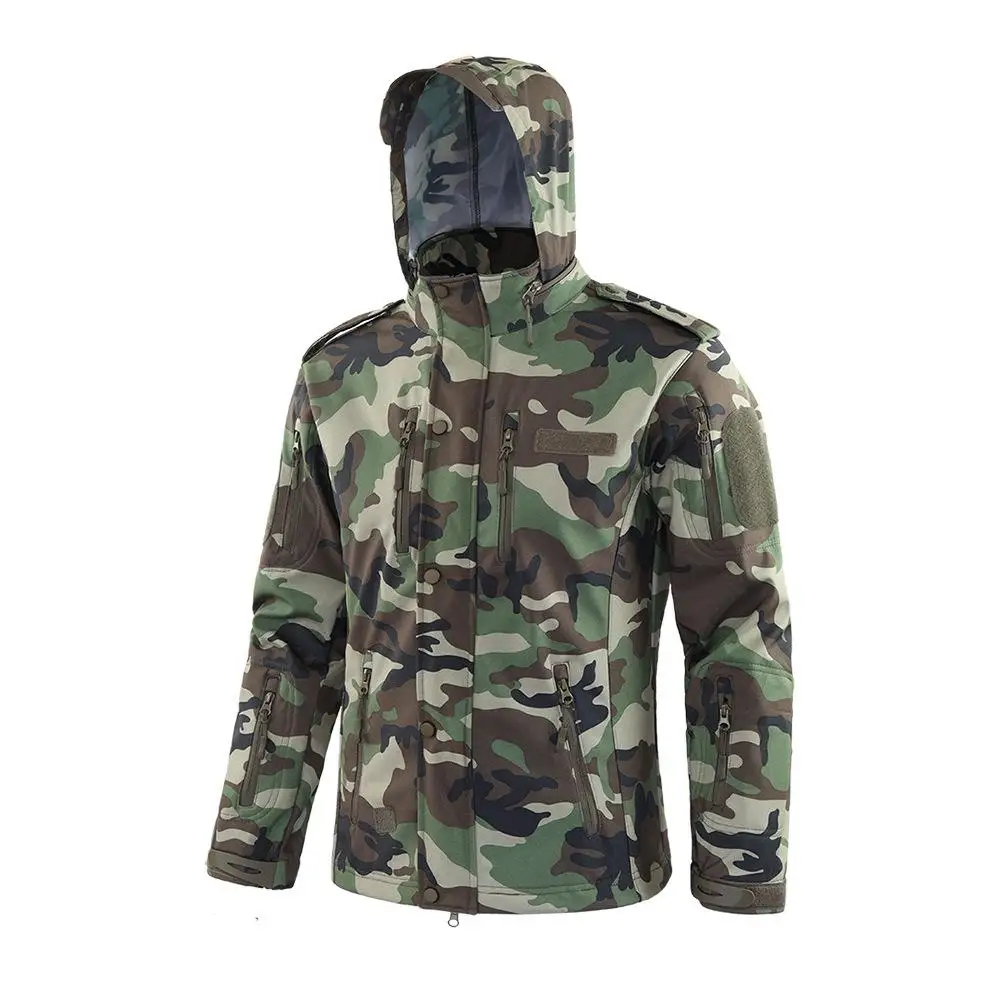 Outdoor Soft Shell Camouflage Suit Men's Multi Pocket Fleece Hooded Jacket Hiking Camping Hunting Tactical Suit