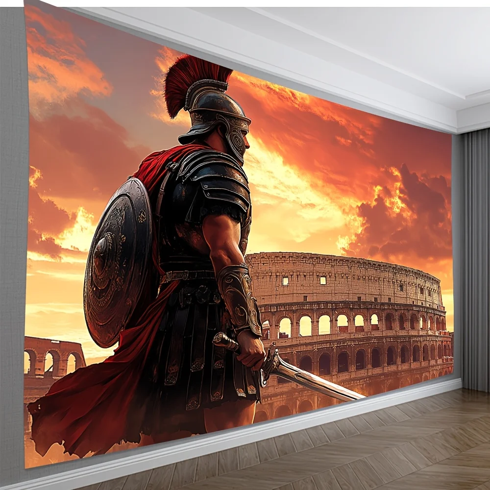 Tapiz de soldado romano épico en el coliseo, decoración colgante de pared de poliéster con escena dramática de puesta de sol, perfecto para sala de estar o P