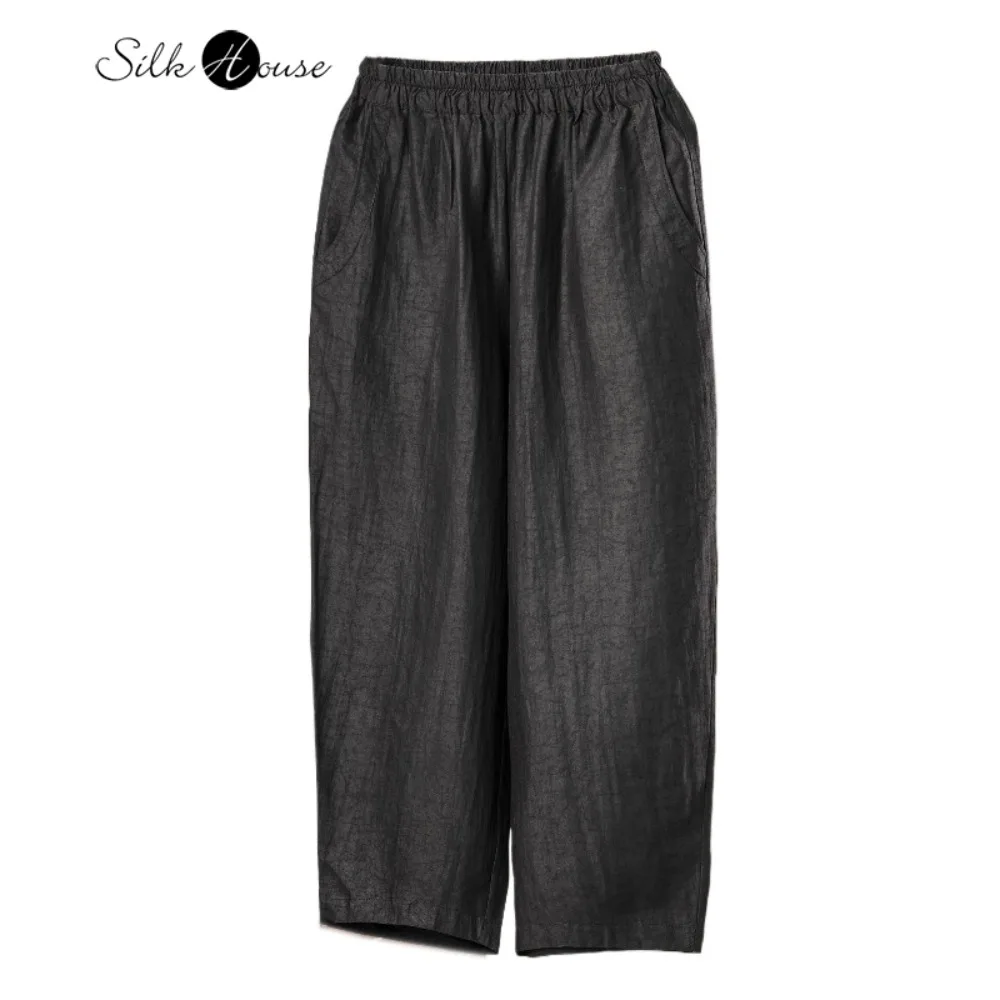 Большие размеры, 100% натуральный шелк шелковицы, Gambiered, Гуандун, марля, черепаха, трещина, эластичная талия, универсальные брюки-морковка с наклонными карманами