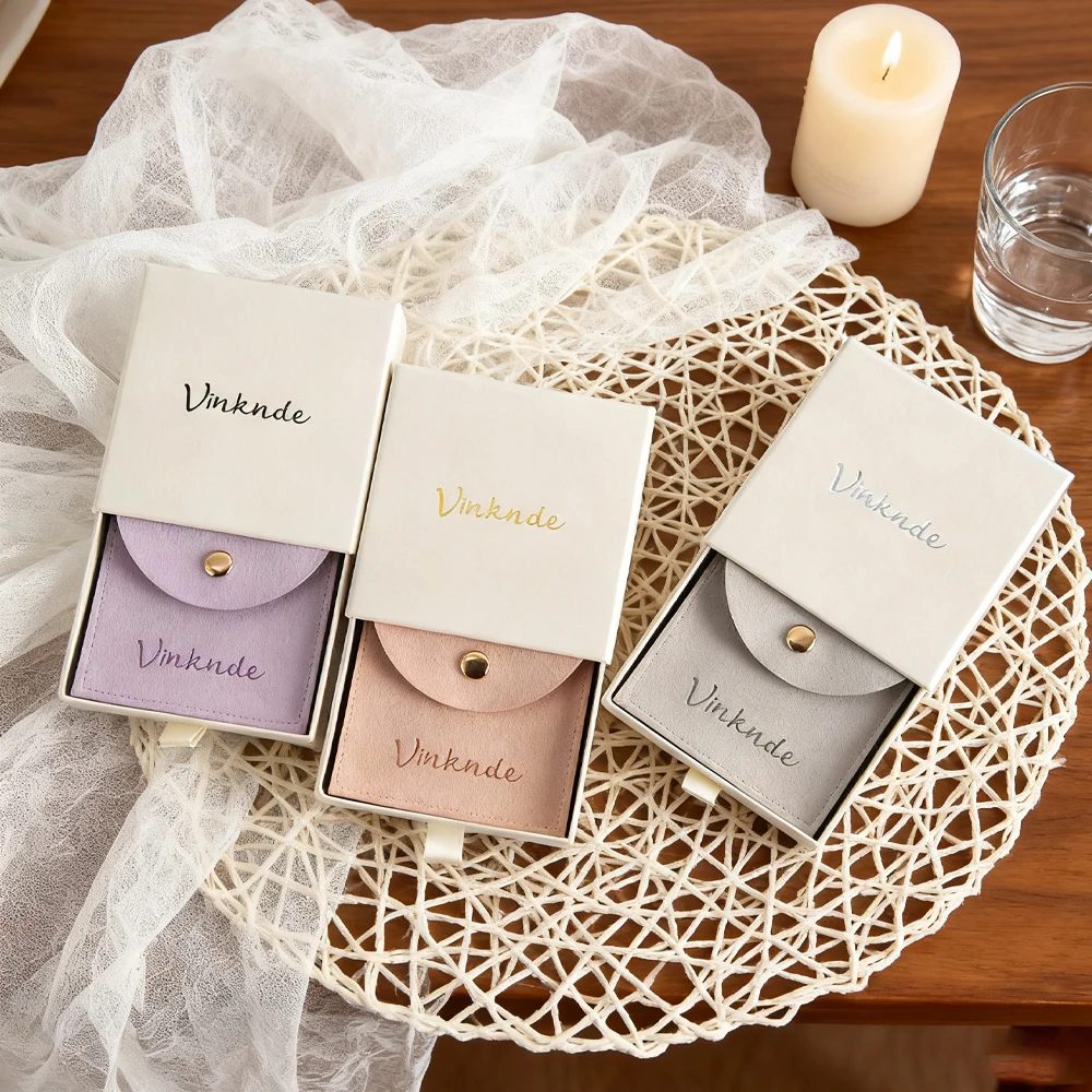 

Custom Printed Beige Jewelry Necklace Earring Packaging Box and Microfiber Envelope Snap Pouch Kraft Paper Drawer Box Gift Bag
