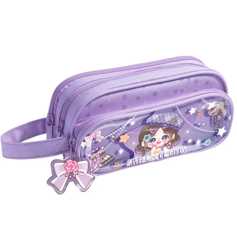 Three-Layers Cartoon Girls Pencil Bag Large Capacity Astronaut Large Capacity Pencil Pouch with Keychain Waterproof