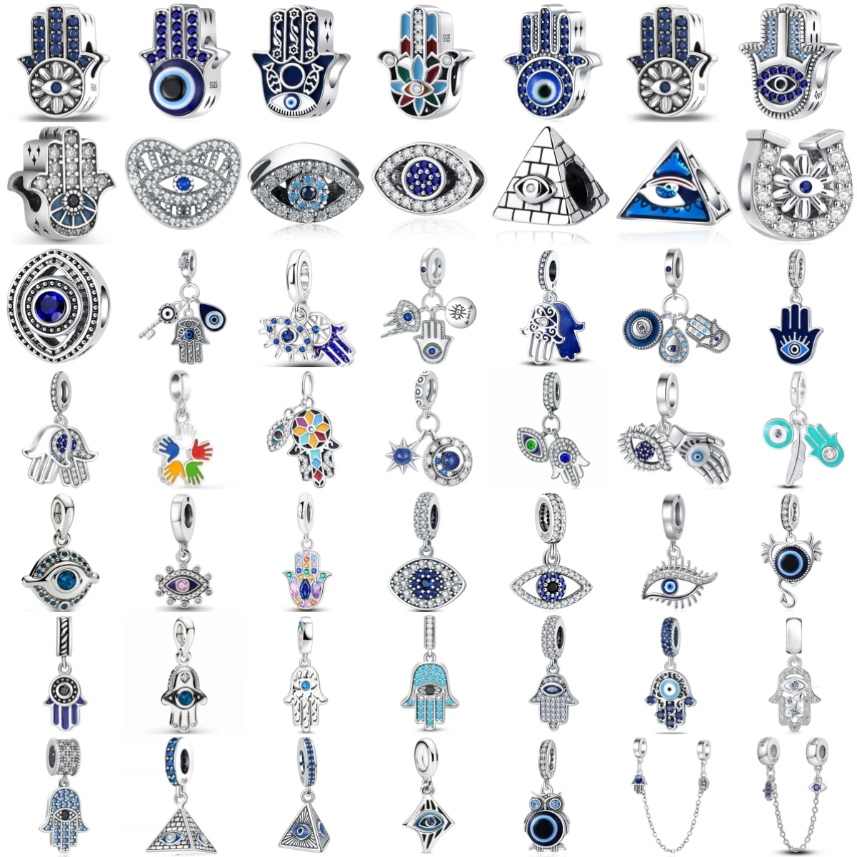 925 Silver Hamsa Hand Evil Eye Charms Blue Beads Lucky Protection Turkish Eye Pyramid Horse Shoe Owl Jewelry Gift
