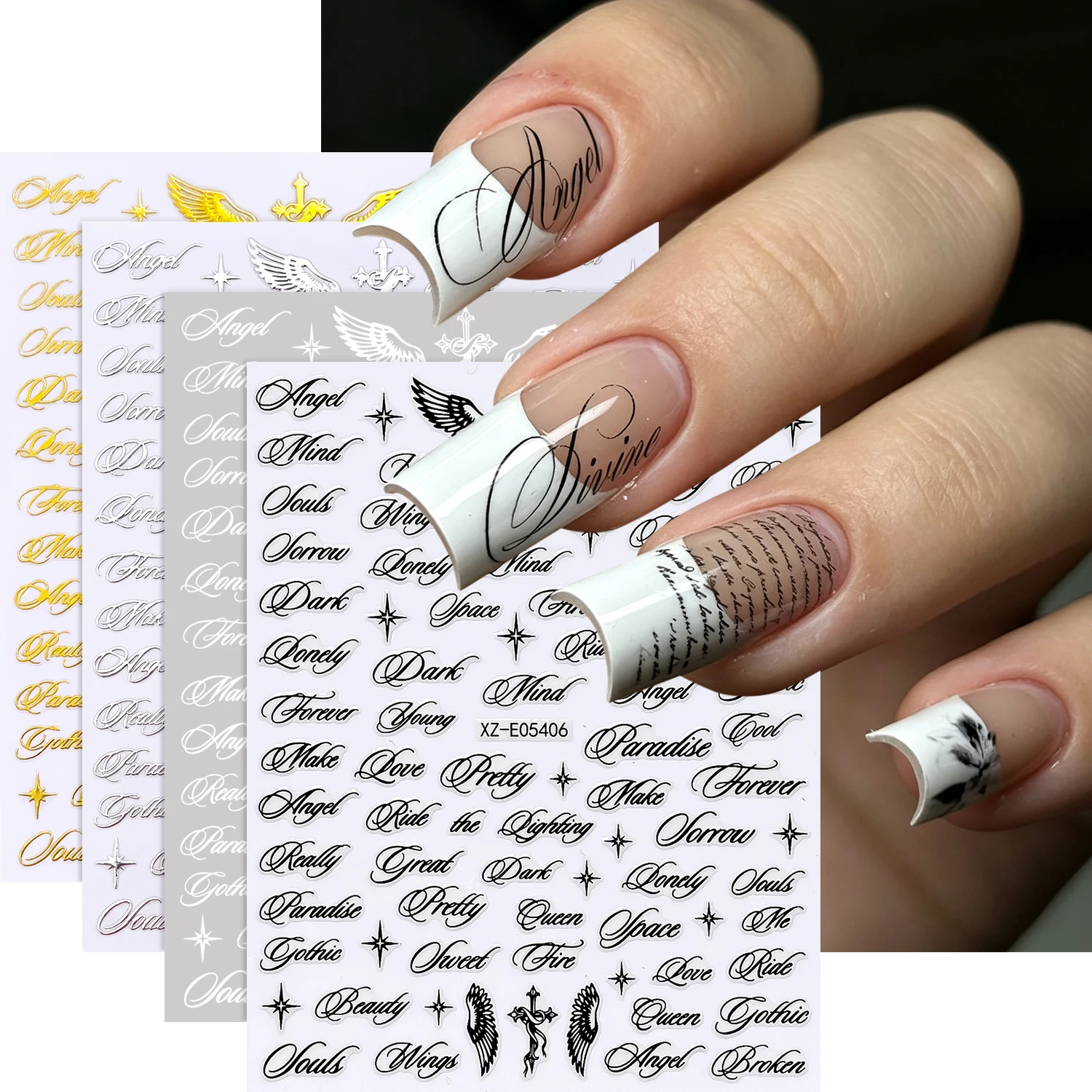 4pcs Gothic Oblique English Words Angel Wings Nail Stickers Y2K Black Cross Star English Letter Nail Decals Vintage Nail Decor