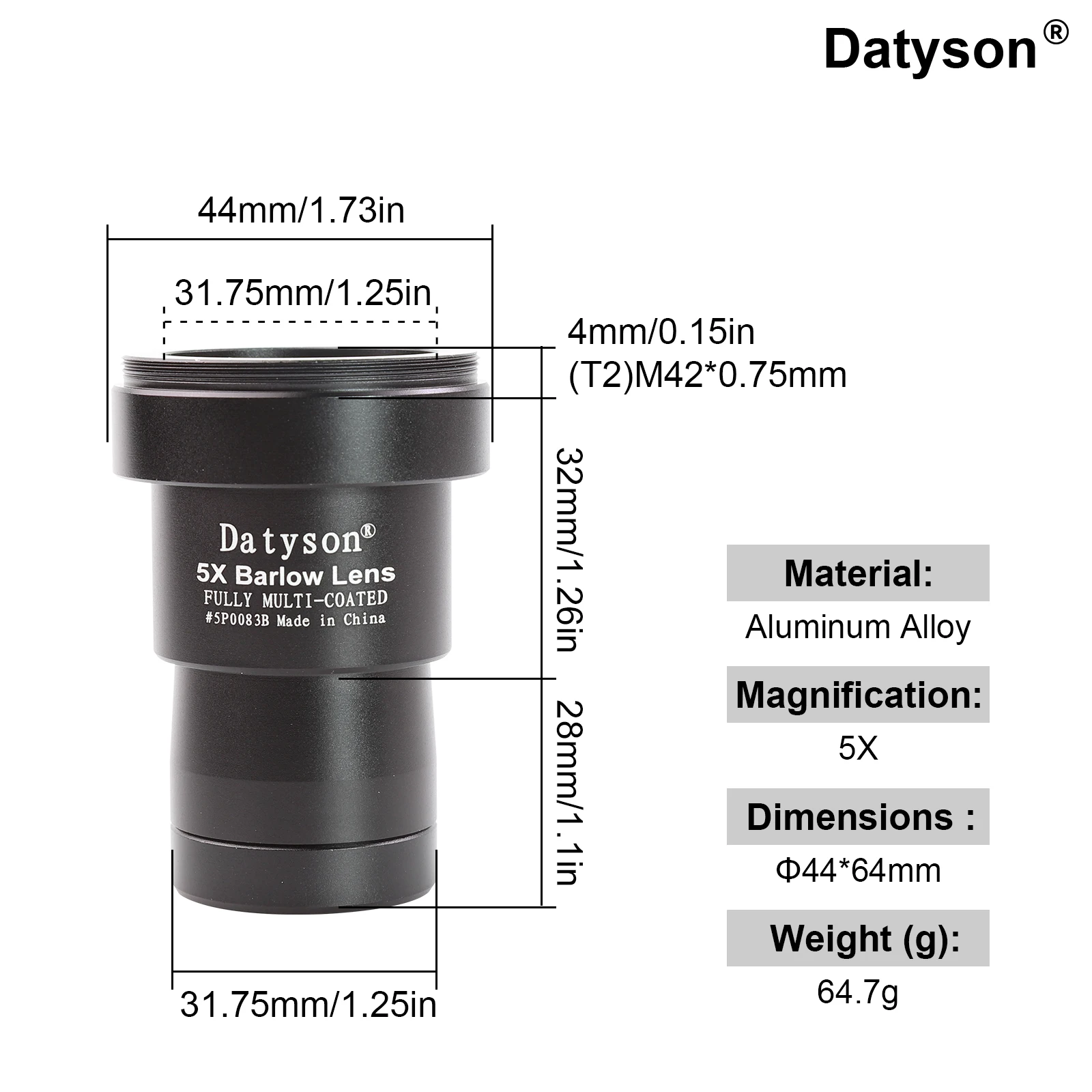 Datyson 5P0083BCD 1.25 بوصة 2x/3x/5x تلسكوب فلكي عدسة بارلو معدنية لمراقبة الكواكب المهنية