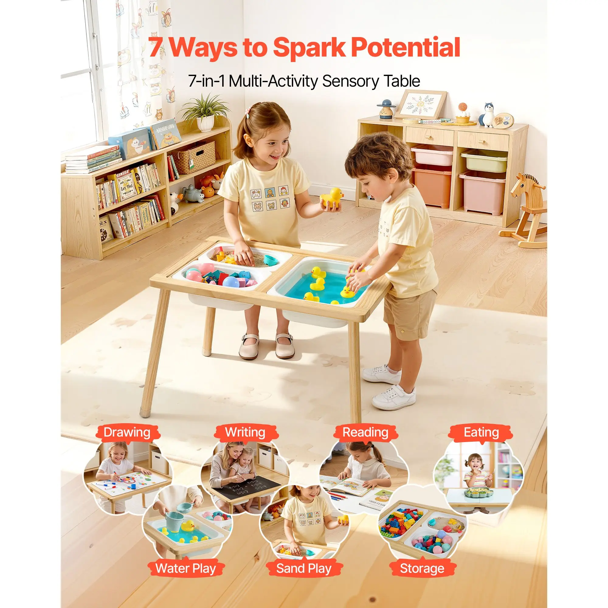 Sensory Table for Toddlers, Wooden Kids Activity Table with Reversible Double-Sided Board, Storage Bins, and Non-Slip Feet, for