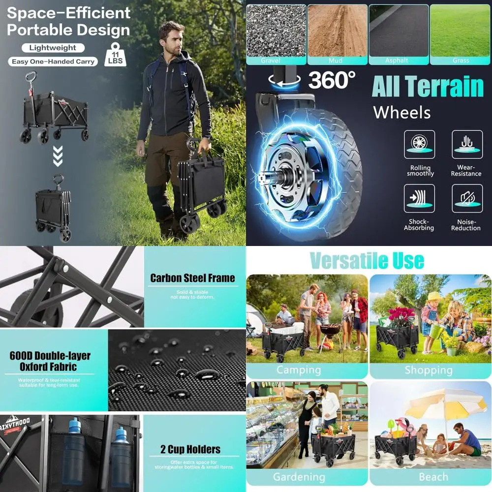 

Складной универсальный тележка емкостью 360 фунтов, стальной каркас, ткань Оксфорд и эргономичная ручка для улицы, сада и продуктов.