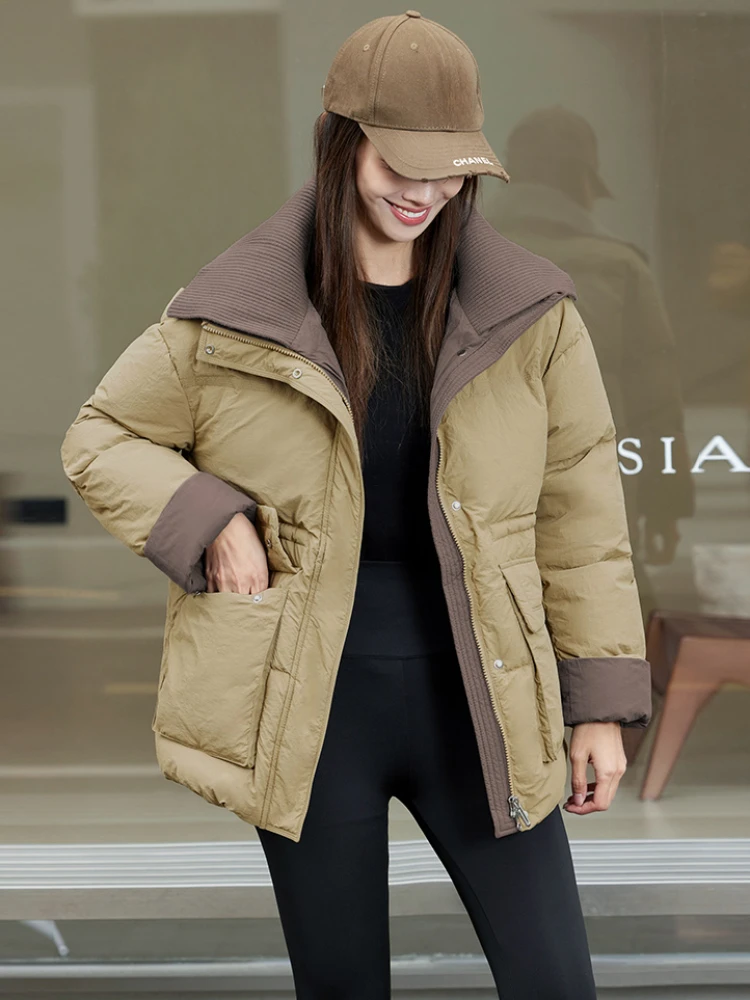 Winter Warm Coat Women\'s Down Jacket Colour Blocking Design 90% Duck Down Thickened 2024 New Street Fashion Knitted Lapel Parkas