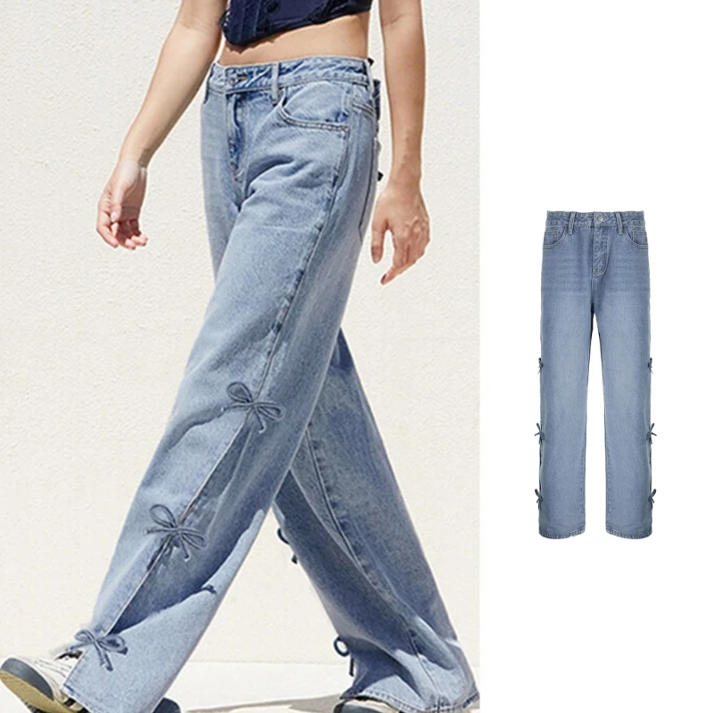 

Women's Low Waist Wide Leg Pants Bowknot Ornament Slit Casual Loose Trousers with Pockets for Fashion Individual