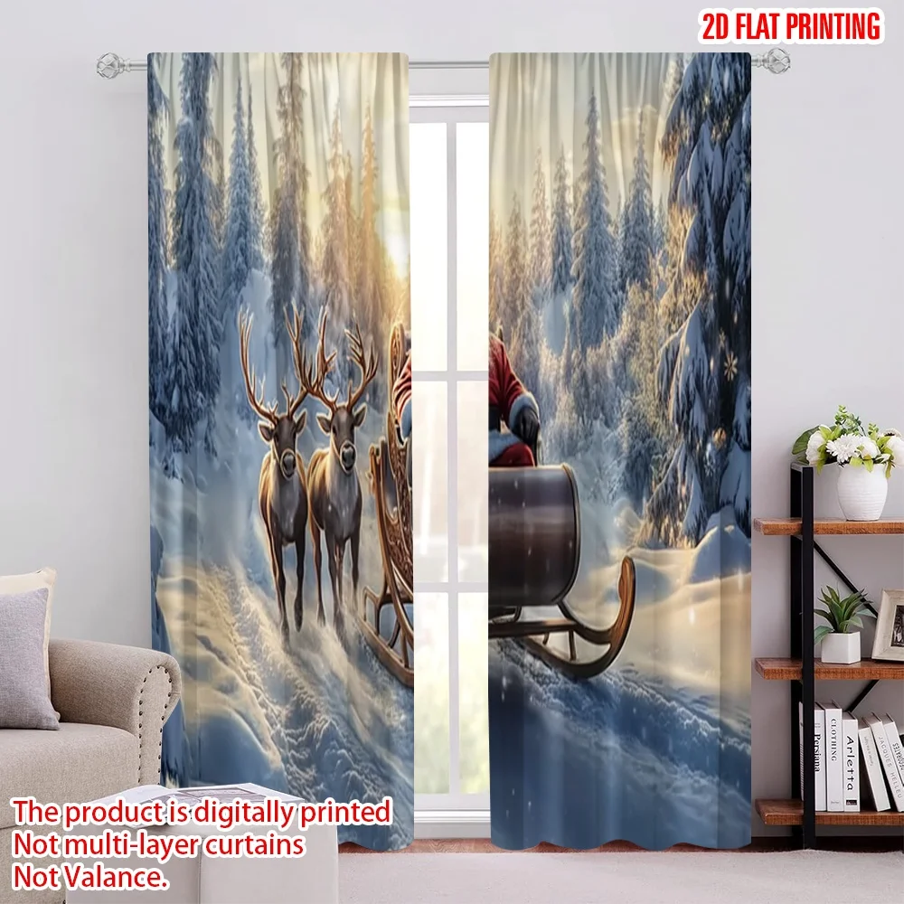 

2pcs 2D flat printing Christmas Window Drapes Santa Claus_ sleigh and reindeer 100% Polyester Without Electricity Festive