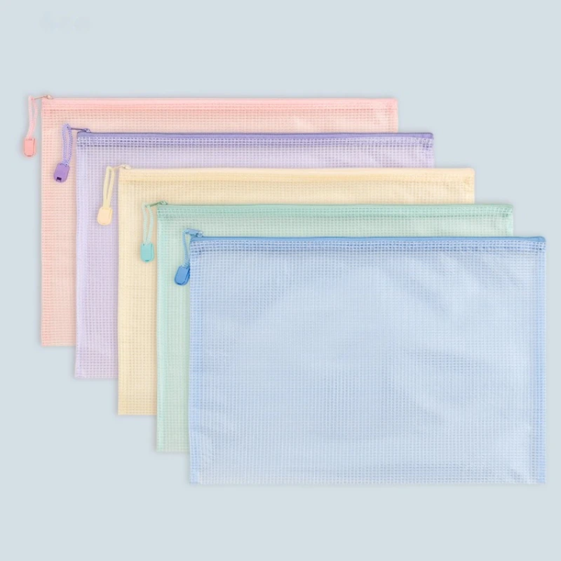 Macaron Color Zipper Mesh File Bags A4 Plastic Zipper Bags for Organizing Waterproof Clear Travel Bags Office Supplies Document