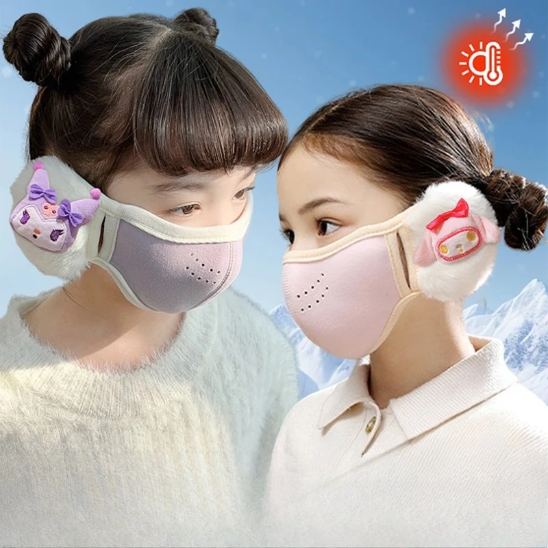 Lindo Hello Kitty máscara de algodón orejera integrada Anime dibujos animados Kuromi Cinnamoroll invierno salir mantener caliente orejeras regalos para niños