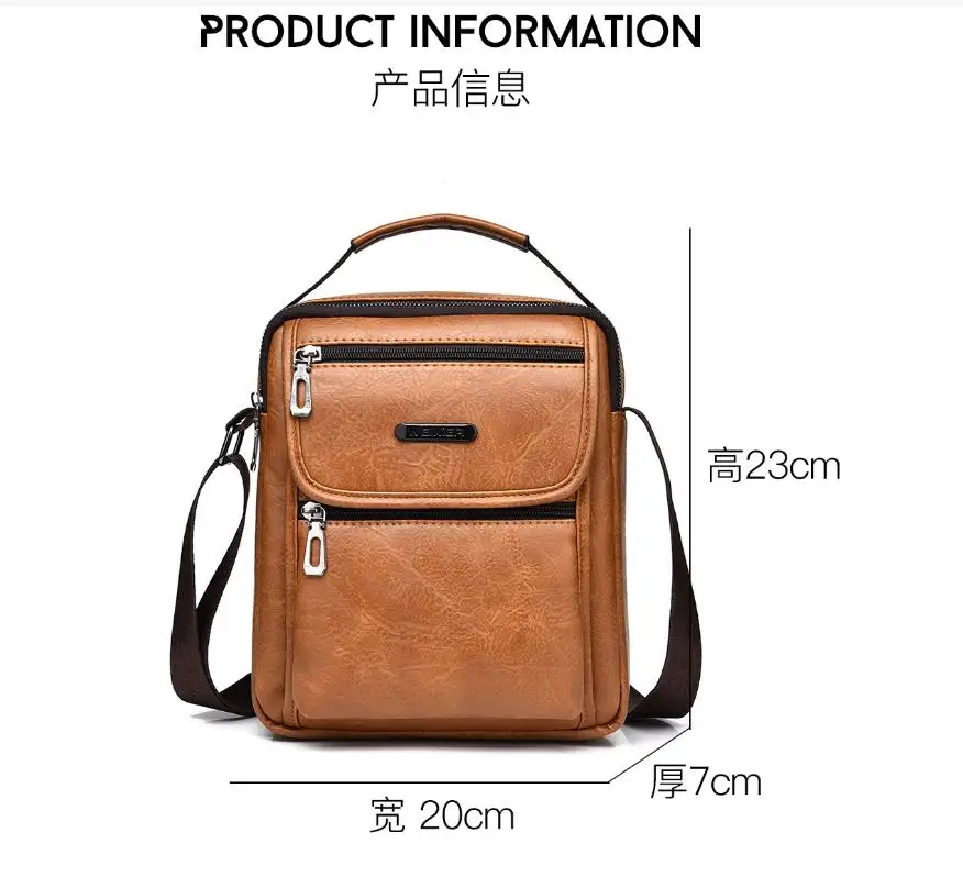 Bolsa de Ombro de Couro PU para Homens, Bolsa de Grande Capacidade, Bolsas Crossbody, Zíper Empresarial, Bolsa Mensageiro Multifuncional, Marca