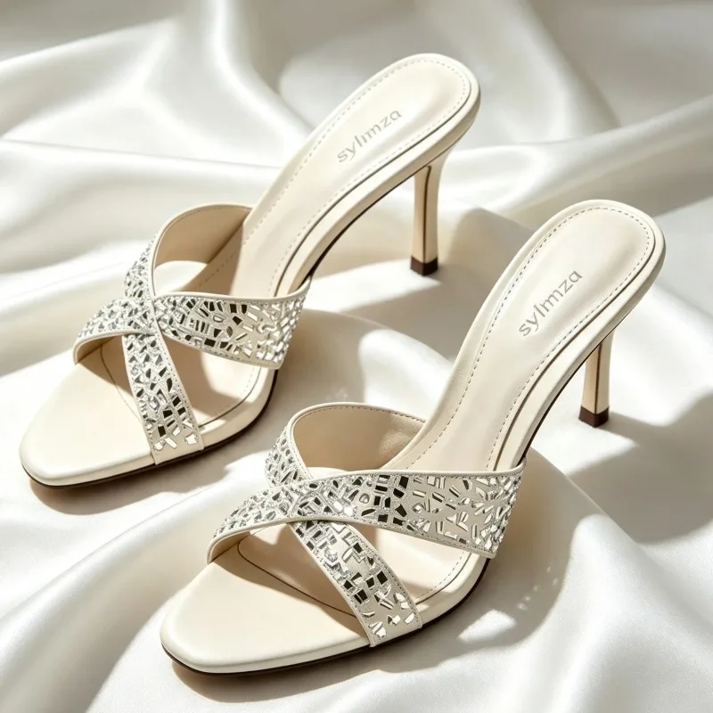 High Quality Rhinestone Detail Cross Straps Mules Sandals for Ladies Fashion Round Toe High Heels Summer Sexy Open-toe Shoes