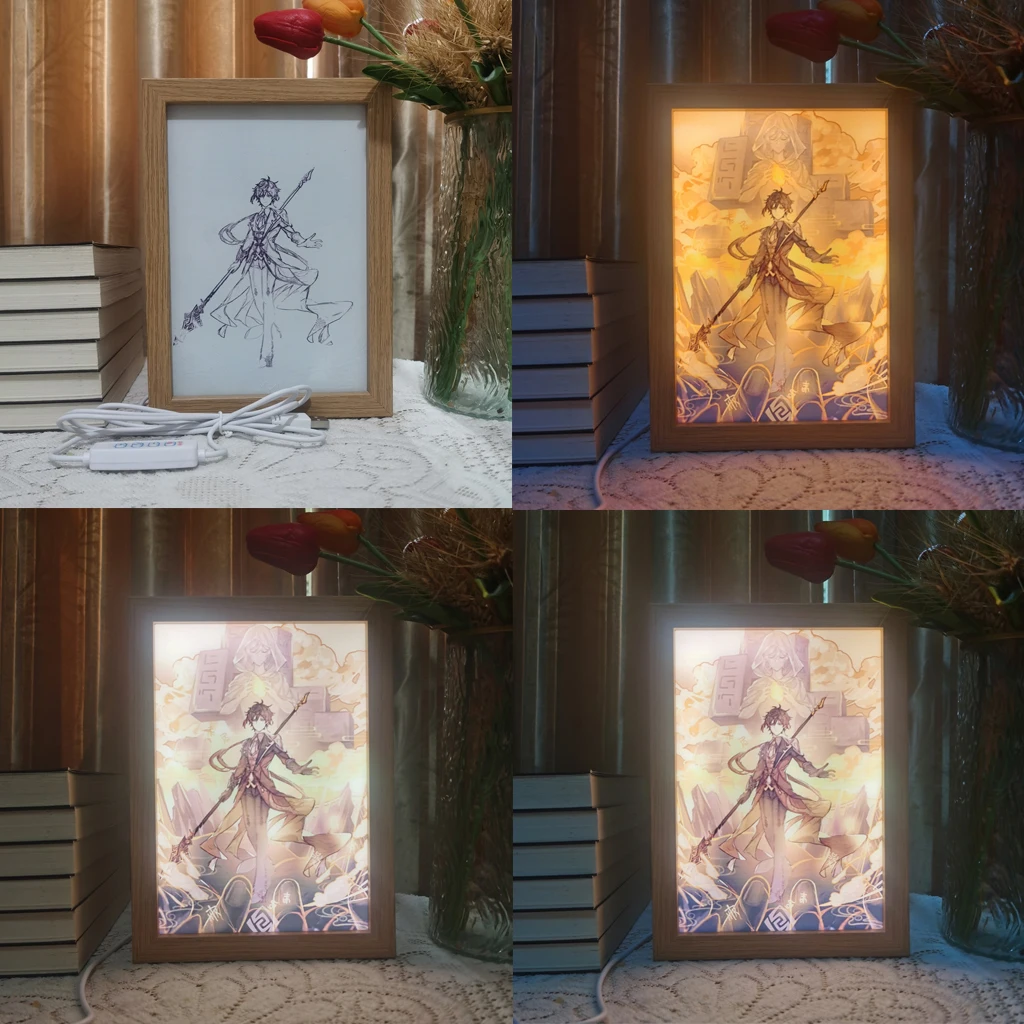 Imagem -02 - Hot Anime Led Photo Frame Lâmpada Genshin Impacto Xiao Zhongli Arte Pintura Design Luz Noturna Ataque Titan Home Decor Presente do Quarto do Miúdo