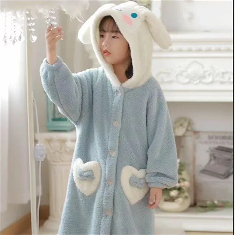 Kawaii Anime Sanrio Cinnamoroll Children\'s Sleepwear Flannel Warm Cute Cartoon Winter Pajamas Loungewear for Christmas Cute Girl