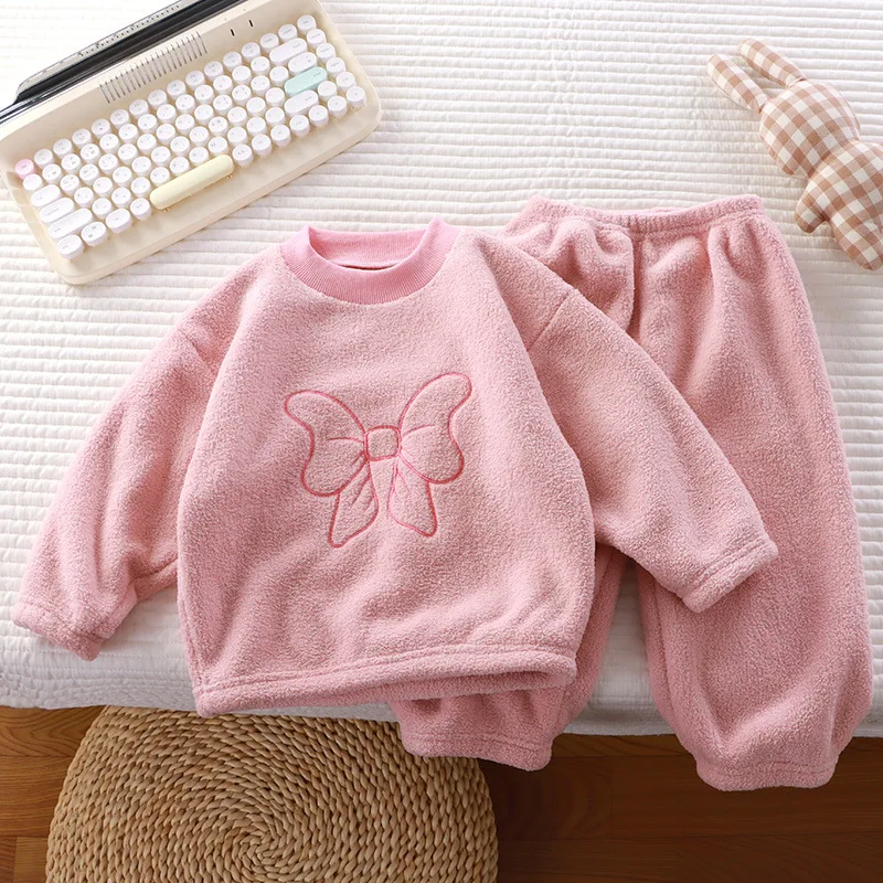 2026 Winter Warm Kids Loungewear Suit Baby and Girls Boys Loose Embroidery Full Fleece Coat Tops+Pant Set Child 2PCS Homewear