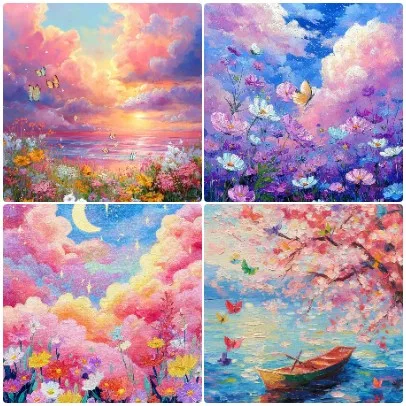 quebra-cabeca-de-paisagem-pastel-de-nuvens-e-flores-silvestres-decoracao-de-parede-para-casa-com-cenario-de-barco-por-do-sol-e-flor-de-cerejeira-em-impasto-espesso