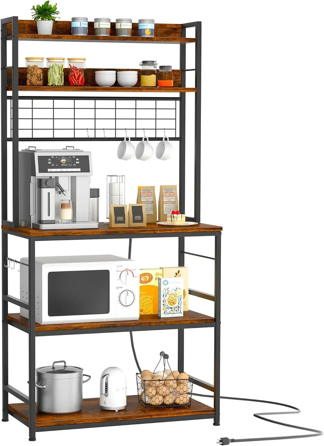 Kitchen Bakers Rack w/ Power Outlet, Kitchen Racks w/ Storage Cabinet, 5-Tier Microwave Stand with 10 Hooks and Metal Wire Panel