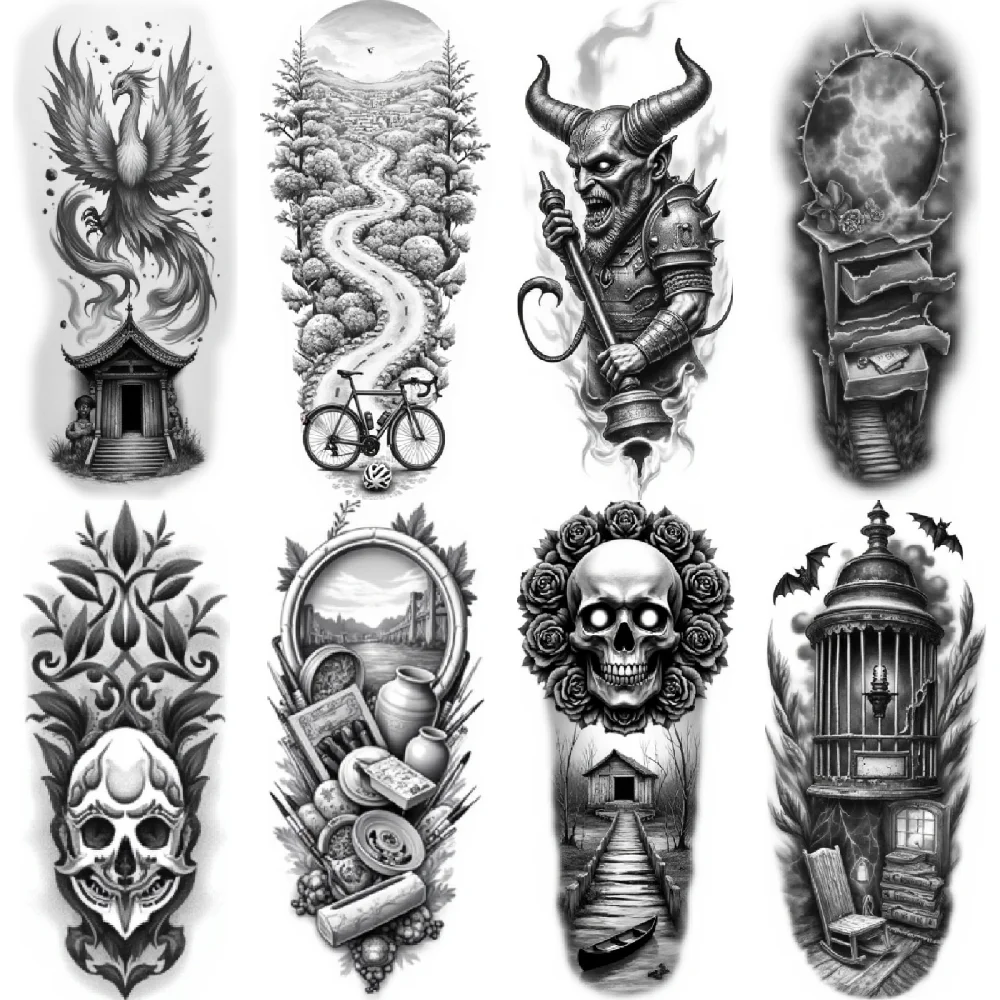 

3pcs Temporary Tattoo Moon Realistic Temporary Tattoos Spiked Armor Mystical Black And Grey Realism Horned Warrior For Arms