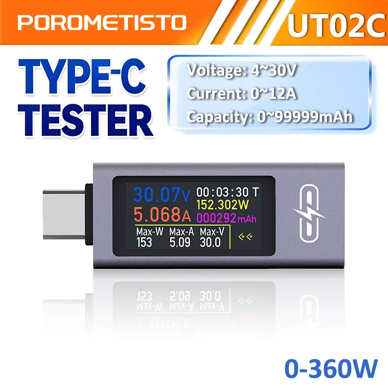 POROMETISTO UT02C Type-C Tester DC 4-30V 12A Digital Display Voltage Current Power Meter Fast Charging Tester Voltmeter Ammeter