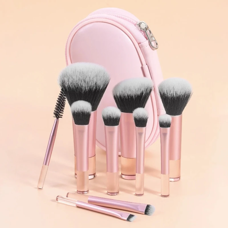 10pcs Pink Portable Makeup Brush Set for Beginners - Mini Foundation Eyeshadow Brushes with Crystal Handle And Brush Pouch