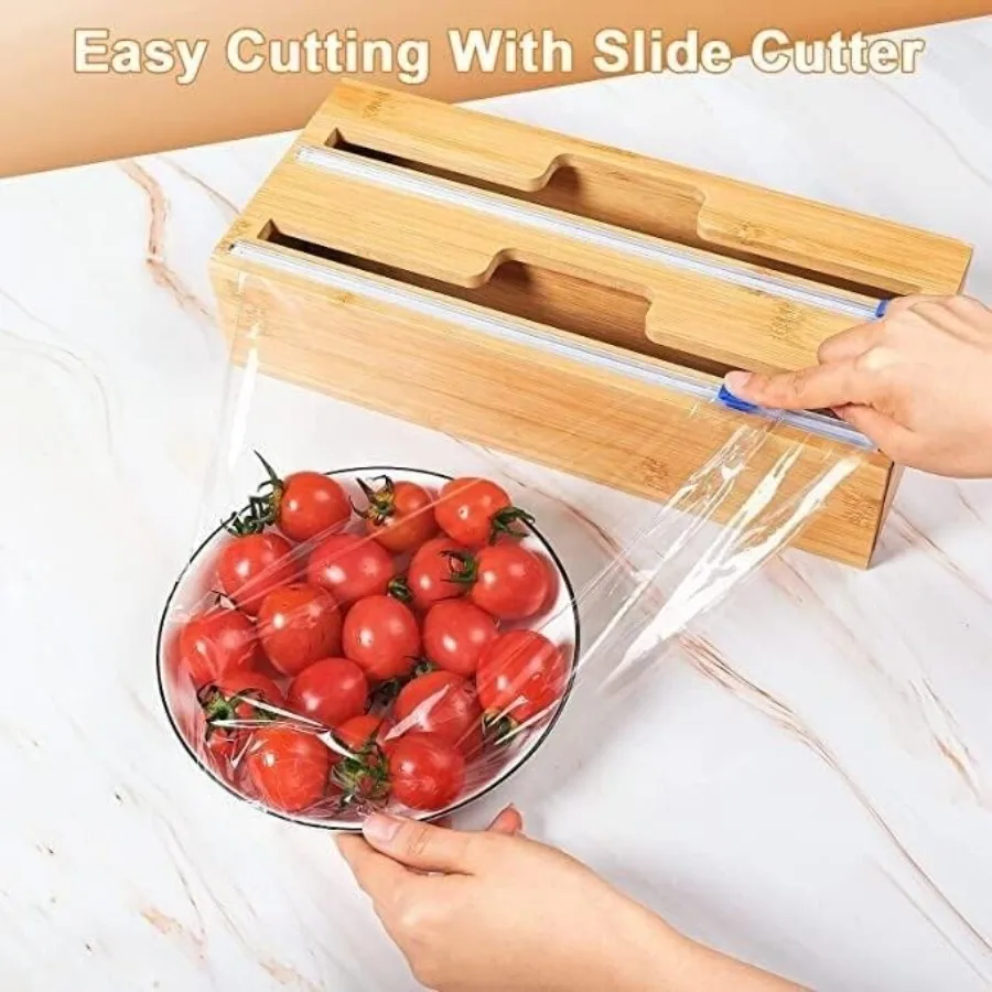 منظم لف من الخيزران الفاخر مع قاطع منزلق 2 في 1 صندوق توزيع للرقائق والبلاستيكية، هيكل متين من الخيزران يناسب S #2