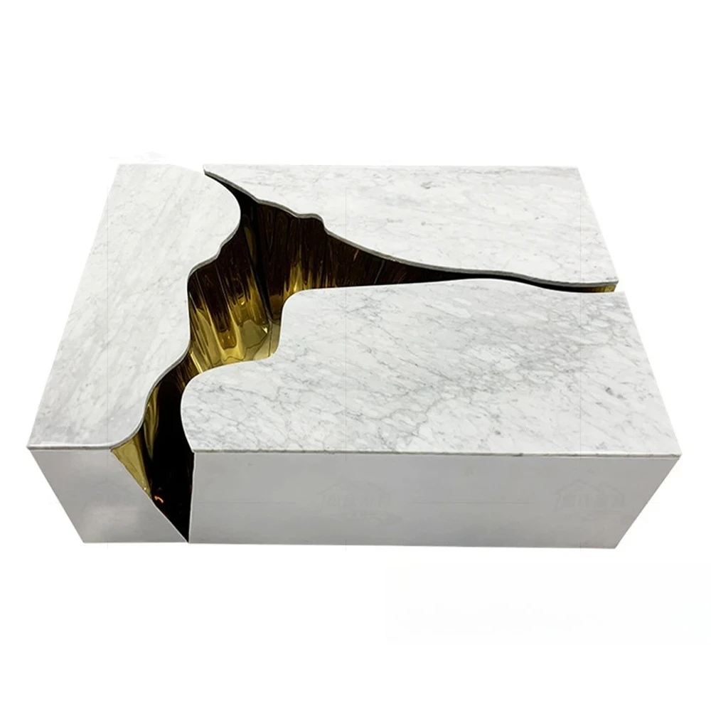 #High Gloss Designer Tea Table, Modern Stainless Steel Coffee Table with Gold Accent Inlay, Luxury Geometric Center Table