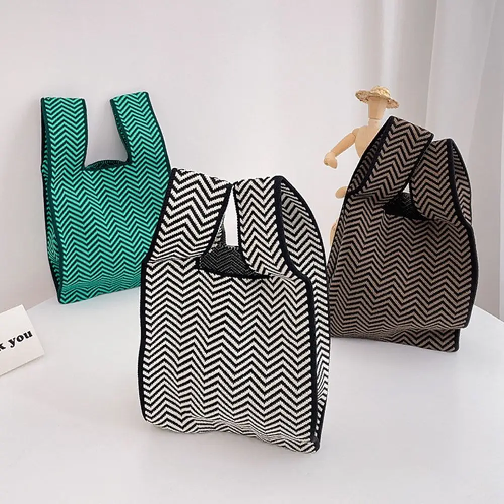 Women Girls Tote Bag Handmade Knit Handbag Niche Design Knot Wrist Bag Casual Color Shoulder Bag Reusable Shopping Bags