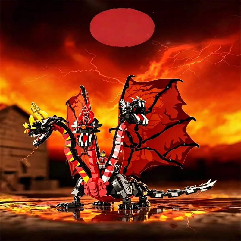 

Three-Headed Dragon Building Blocks Model High Difficulty Assembly Ornament Dark Style Collectible Building Toy