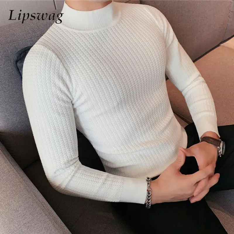 2023 Autumn Mens Casual Knit Pullover Tops Fashion Solid Color Turtleneck Ribbed T Shirts For Men Long Sleeve Bottoming T-shirt