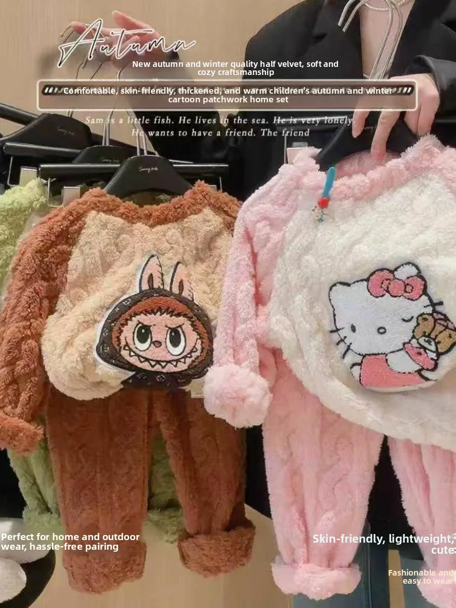 

Комплект пижам из фланели Thiened Coral Fce для детей, корейская домашняя одежда для мальчиков и девочек, теплый комплект спортивной одежды