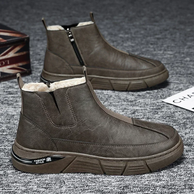 Booties with Fur New Man Ankle Platform Sneaker Thick Plush Anti Slip Winter Shoes Snow Boots for Men Waterproof Leather Shoes