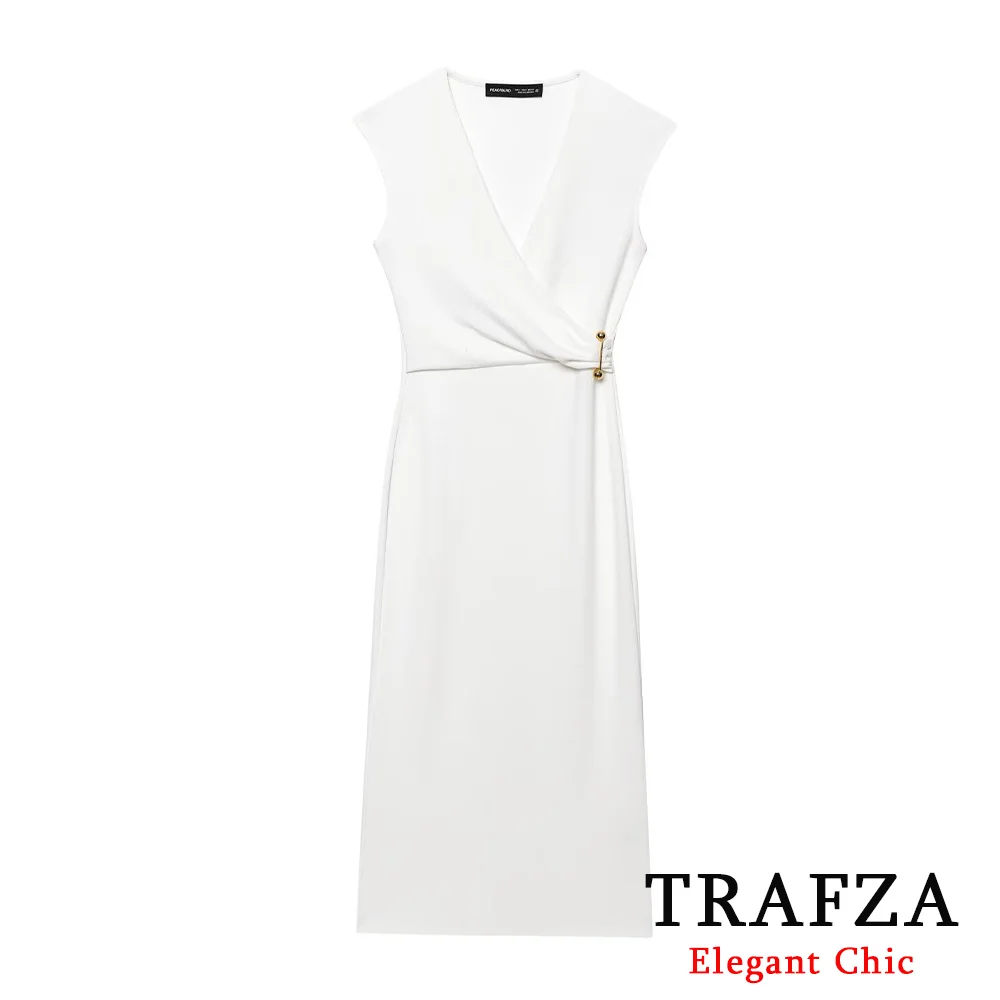 

TRAFZA Women Slim Dress V-neck Flying Sleeve Pleated Pin Midi Dress 2025 Spring Summer Fashion Holiday Party Beach Mujer Dress