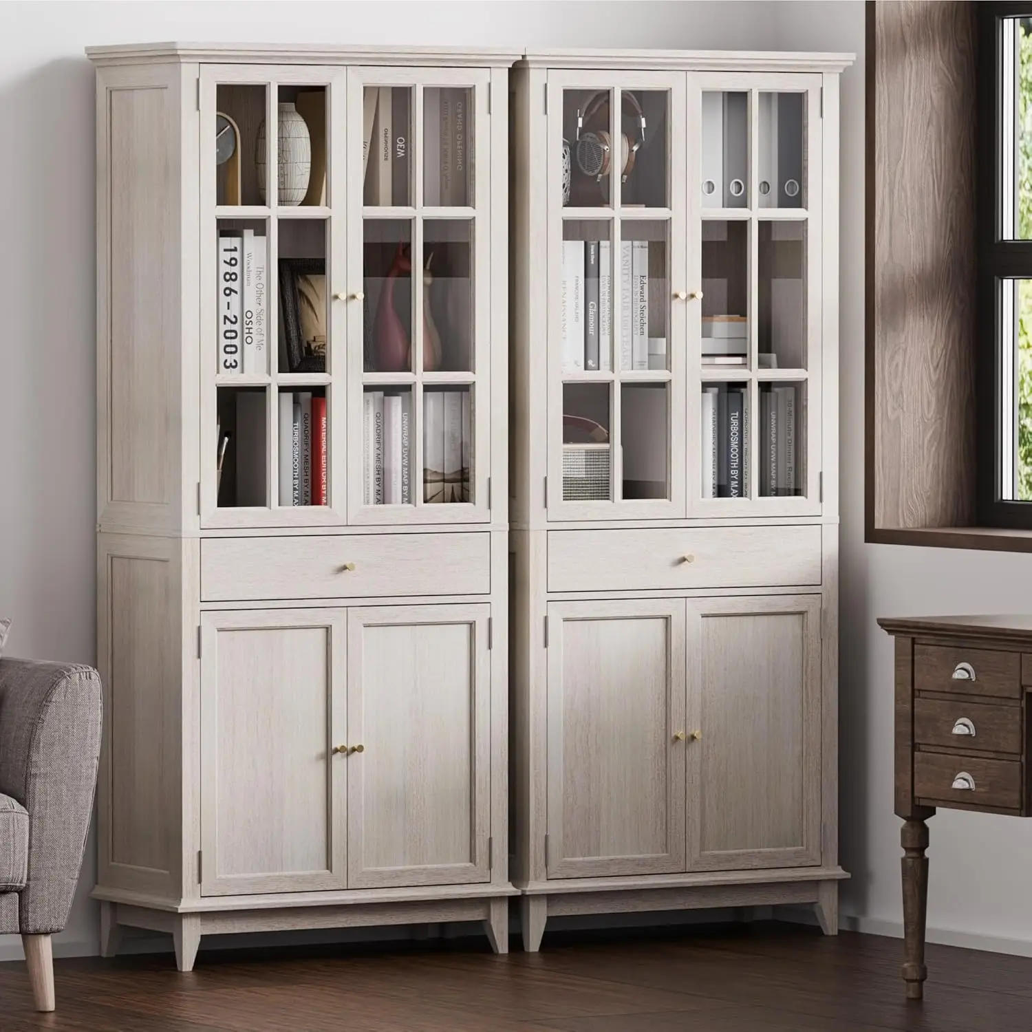 Librerías altas con puertas de vidrio y 1 cajón, almacenamiento de exhibición de suelo con 1 estante ajustable, estantería blanca para el hogar