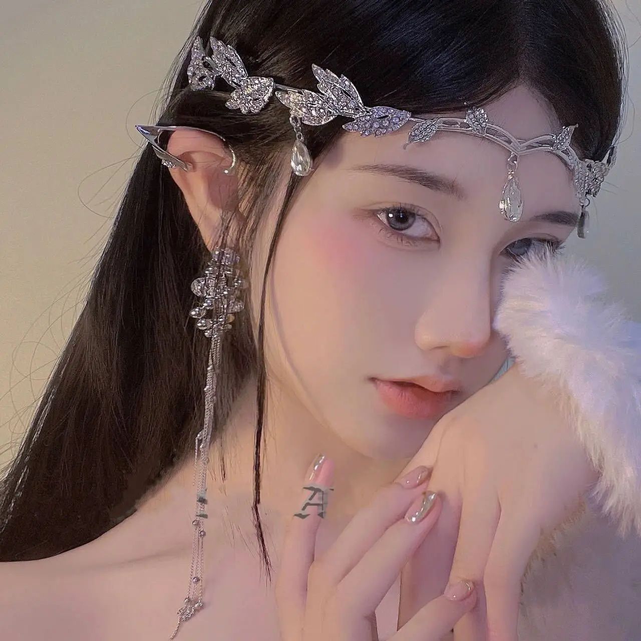 Fairy Elf Leaf Water Drops Rhinestones Crown Fairycore Hairbands Bohemian Pendant Headwear Retro Magnificent Hanfu Accessories V