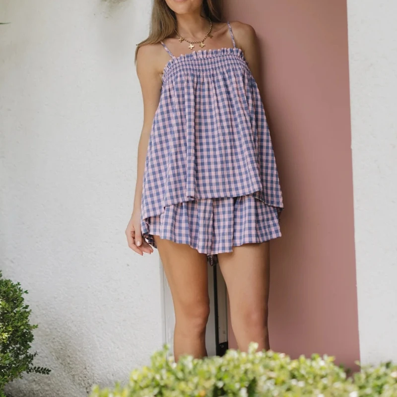 Women's Gingham 2 Piece Pajamas Set Smocked Flowy Peplum Babydoll Cami Top + Wide Leg Shorts Summer Loungewear Outfits
