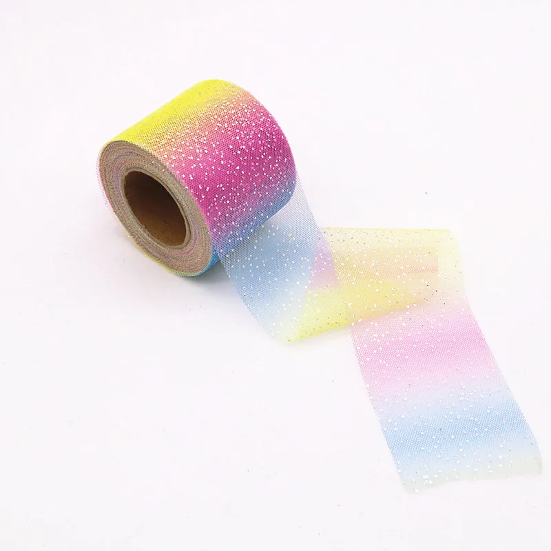 6cm Rainbow Gradient Tulle Ribbon Roll DIY Handmade Craft Hair Ornament Baking Decoration Craft Glitter  Mesh Fabric Supplies