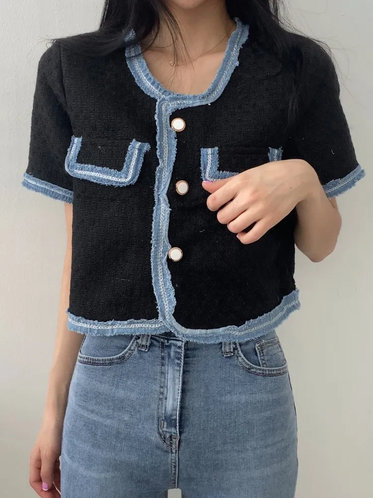 Spring Summer New Tops Women Print Fringe Patchwork Fashion Short Sleeve Korean Style Ladies Cropped Coats Loose Woman Tops