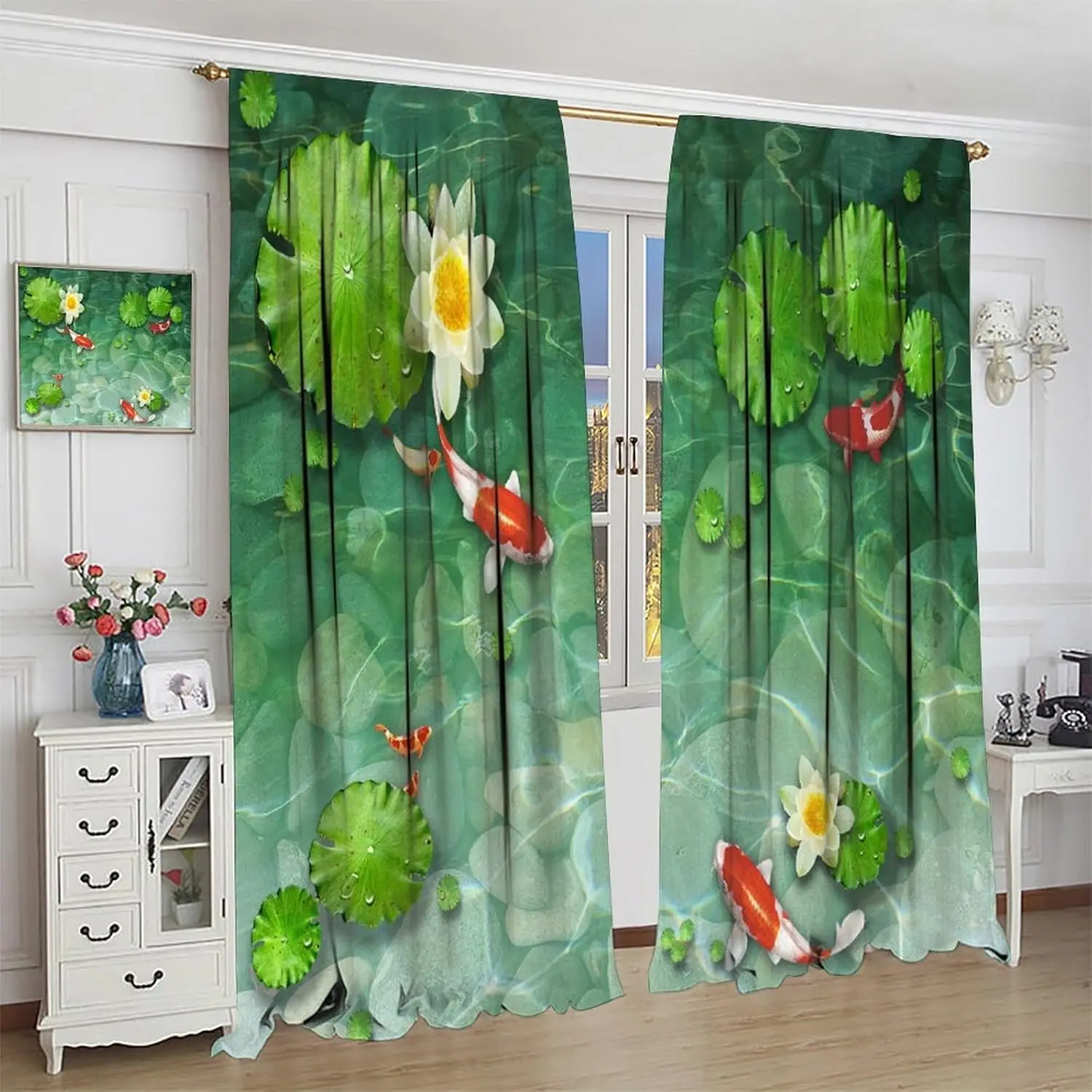 Koi Fish Decor Window Curtain, Japanese Lotus Pond Carp Fish Flower Leaves Asian Oriental Landscape for Home Kitchen Livingroom