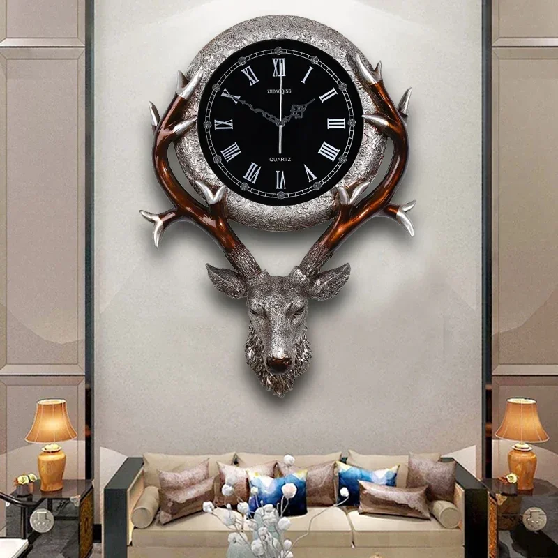 

European Style Clock Living Room Creative Retro Deer Head Wall Clock Hallway Light Luxury Home Nordic American Mute