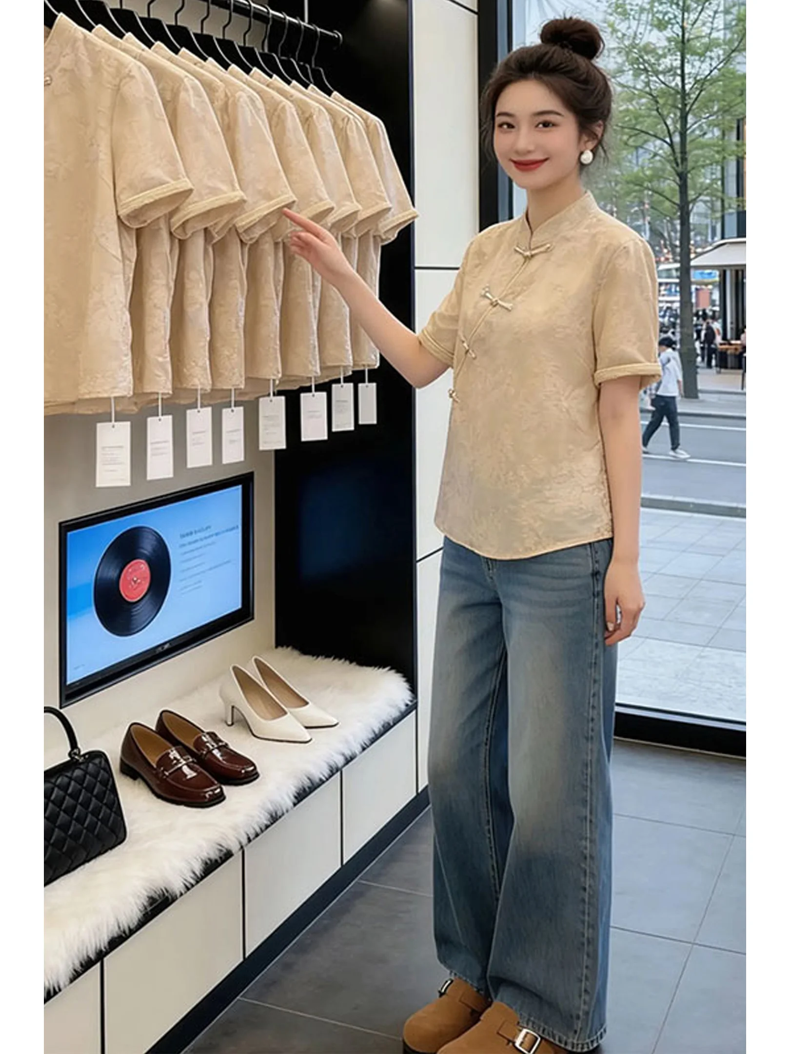 

Elegant Short Sleeve Chinese Style Shirt Women's Stand Collar Button up Floral Embroidery Top Casual Loose Fit Summer New