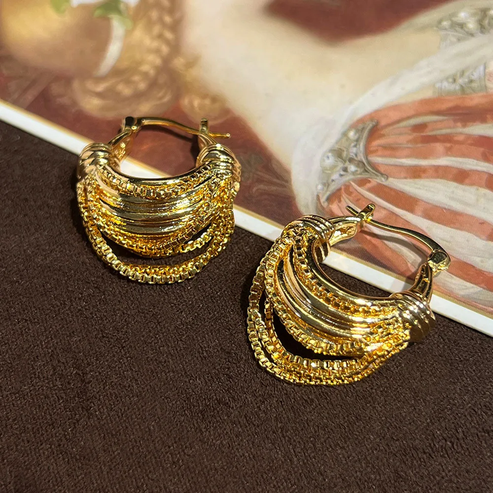 Vintage Gold Multi Layer Tassel Hoop Earrings for Women C Shape Chain Drop Earrings Elegant Party Statement Jewelry