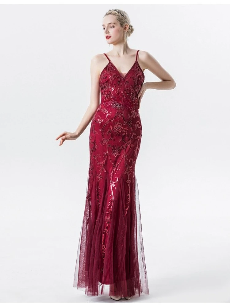 Sexy Spaghetti Straps V-neck Sequined Mermaid Long Formal Evening Dress