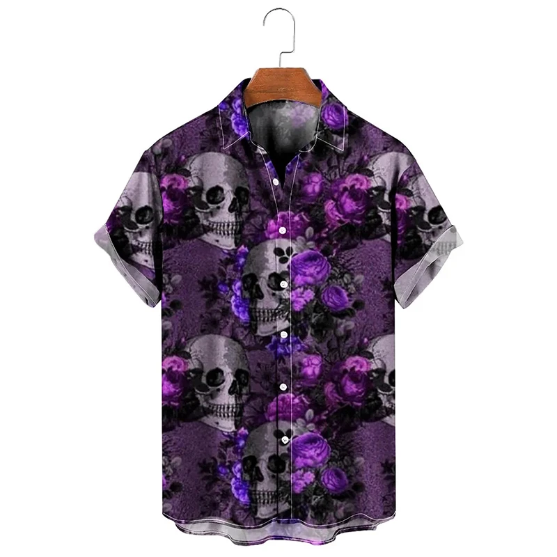 Men\'s shirt Vintage American Style Skull Print Shirts Street Harajuku Short-sleeved Buttons Men Clothing Casual Girls Blouse